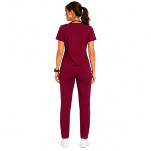 Custom Unisex Medical <b>Scrubs</b> Set Solid Color V Neck Nurse <b>Uniform</b> Stretch Knitted Clinic Jogger Pants Top Hospital - Product Image 3