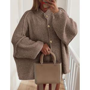 Suéter Cárdigan de Punto Grueso con Botones para Mujer, Estilo Moderno para Otoño/Invierno, Cuello Alto, Manga Larga, Estilo Linterna - Product Image 5