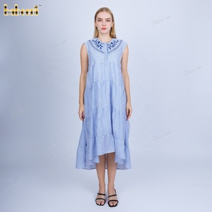 Vestido Seersucker Azul Marino para Mujer con Bordado - LD05, Tejido a Rayas Medias, Ecológico, Cintura Natural, Sin Mangas, Transpirable - Product Image 5