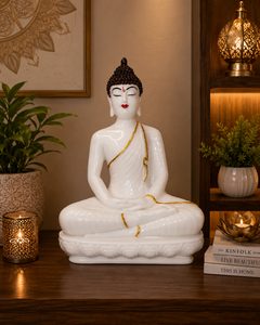 Ceramic Buddha <b>Statue</b> White With Gold Trim Handmade Figurine For Tabletop Feng Shui Decor Living Room Display - Product Image 1