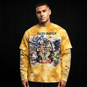 Camiseta Personalizada para Hombre, Oversize, Amarilla, Lavado Ácido, con Gráficos, 100% Algodón, Cuello en V, 2 en 1, con Pedrería, Manga Larga, Estilo Y2K, Streetwear - Product Image 3