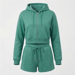 Ensemble 2 pièces en polaire pour femme : sweat à capuche et short, couleur unie, décontracté, au-dessus du genou, fermeture éclair avant, taille à cordon, coupe droite, printemps-été - Product Image 1