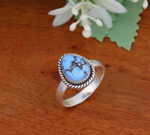Anillo Solitario de Turquesa Magnesita Azul Natural al por Mayor, Plata de Ley 925, Corte de Lágrima, Borde de Cuerda Trenzada, Bisel - Product Image 1