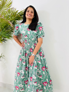 Vestido largo maxi de algodón indio con estampado floral y cuello redondo, manga corta, estampado en bloque, superventas 2026 para mujer - Product Image 3