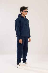 <b>Men's</b> <b>Navy</b> Blue Hooded Sweatshirt Regular Fit Solid Color <b>Fleece</b> Casual Knitted Hoodie Autumn Wear OEM ODM - Product Image 2