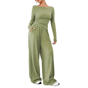 Custom Summer Women Flared Pants Shirt Set Clothing Set Fold Flared Pants and T Shirts Solid Pattern Two-Piece <b>Lounge</b> wear - Product Image 1