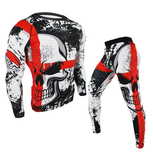 Men's Full Sleeve Compression Rash Guard Set <b>Skull</b> Print Red Black White Quick Dry Polyester MMA BJJ Gear - Product Image 1