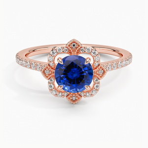 Anillo de Alta Gama con Zafiro Natural y Diamante Cultivado en Laboratorio con Halo Reina en Oro Rosa de 14K, Joyería Fina - Product Image 1