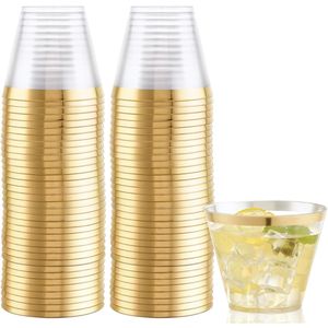 Bicchieri di Plastica Trasparenti Usa e Getta da 9OZ - 100 Pezzi, Resistenti, Senza BPA, con Bordo Dorato per Feste e Ricevimenti di Nozze - Product Image 1