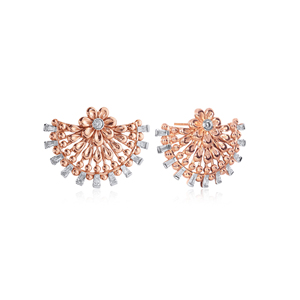 Premium Rose Gold Floral Peacock Fan Style Statement Ring with Sparkling CZ and <b>Silver</b> Baguette Stones - Product Image 2