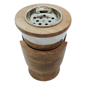 Unique Wooden <b>Round</b> Incense Burner Featuring An Interlocking <b>Brushed</b> Metal Liner And An Elegant Removable Top Metal Dish Insert - Product Image 4