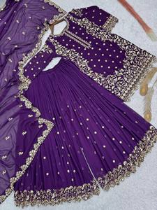 Conjunto de Salwar Kameez Morado Bordado para Mujer, Kurti Étnico, Palazzo, Dupatta, Traje para Boda o Fiesta - Product Image 4
