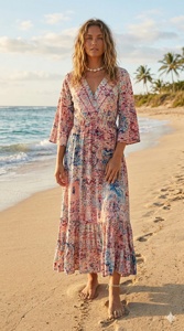 Vestido largo de seda tejida india con estampado geométrico coreano Y2K, cuello en V, corte en A, estilo bohemio, talla única, para primavera, sencillo, dulce y para uso diario. - Product Image 3