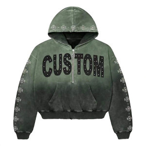 Men Vintage Washed Cropped Half Zip Hoodie, Rhinestone Letter Cross Print Oversized Streetwear Hooded Sweatshirt - Product Image 1
