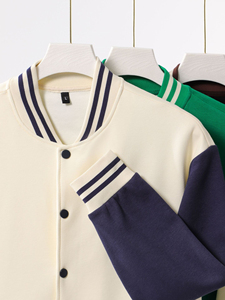 Veste de baseball en molleton avec logo personnalisé du fabricant, color-block, col rabattu, style universitaire, marron vintage, boutons-pression - Product Image 2