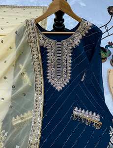 TENNECY Dupatta Azul Marino de Georgette con Bordado Intenso, Sin Arrugas, Reversible, de Secado Rápido, para Fiesta Diwali - Product Image 5