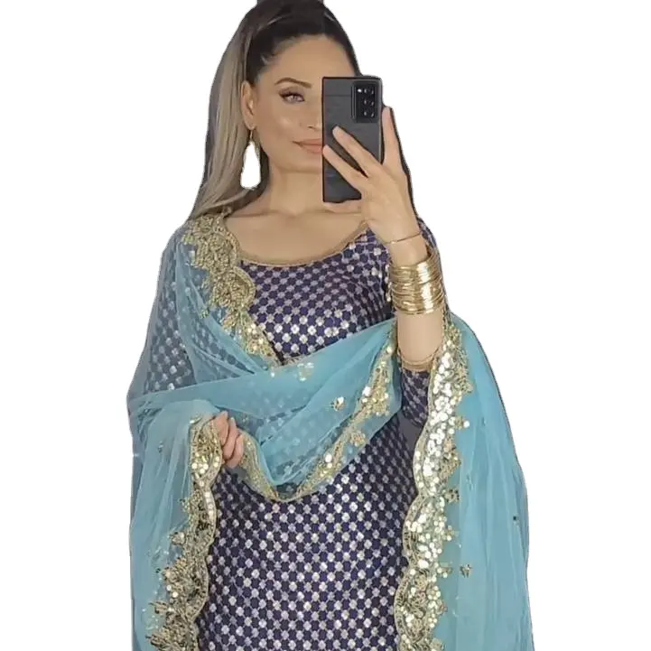 Biru yang menakjubkan dan berwarna emas Punjabi dengan rancangan kuno kontra berwarna Punjabi Shalwar kameez dan gaun lengan penuh
