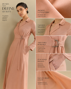 Robe midi ample décontractée pour femme, couleur unie, manches longues, avec ceinture et col rabattu, en tissu tissé respirant - Product Image 4