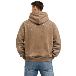 เสื้อฮู้ดดี้ผู้ชายผ้าฝ้ายฟลีซลายกราฟิกประดับเพชรแบบ Acid Wash ทรงโอเวอร์ไซส์ สไตล์สตรีทแวร์ ผลิตจำนวนมาก - Product Image 3