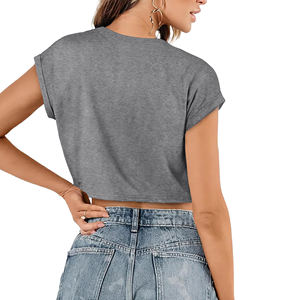 Camiseta corta lisa para mujer con logo personalizable, de alta calidad, transpirable, 100% algodón puro, camiseta corta estampada para mujer - Product Image 2