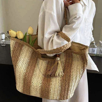 Sac fourre-tout en raphia à rayures vertes et naturelles Sac à main d'été tissé à la main avec poignées tressées et breloque à pompon