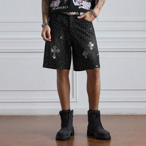 Shorts Bermuda en jean tissé pour homme, ornés de strass et de sequins, à motif croisé, taille mi-haute, style urbain - Product Image 5