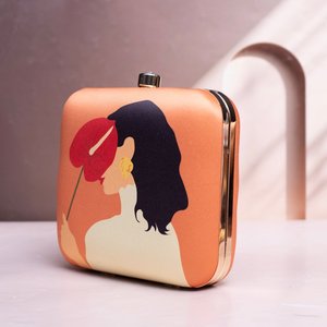 Elegante Bolso de Mano con Estampado de Retrato de Mujer Color Naranja Vibrante, Bolso de Noche Elegante para Mujer para Ocasiones Especiales - Product Image 2