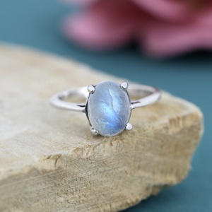 925 Sterling Silver Natural Rainbow Moonstone Oval Cabochon Ring Handmade Gemstone Prong Setting Birthstone Ring for Women - Product Image 3