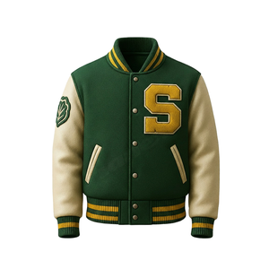 Blouson universitaire unisexe vert avec capuche et patchs chenille 'S' et feuilles sur le devant – Personnalisable pour l'école et les tenues décontractées - Product Image 1