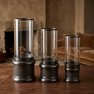 Ensemble de pots à bougies en verre cylindriques avec base en métal, décoration d'intérieur, vase vide pour usage intérieur - Product Image 4