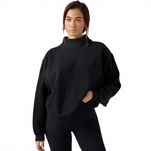 Sweat-shirt à col roulé oversize pour femme, 100% coton, tricoté, manches longues, noir uni, vêtement d'automne respirant, design à épaules tombantes - Product Image 4