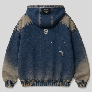 Sudadera con Capucha de Mezclilla Personalizada al por Mayor para Hombre, Estilo Urbano, con Estampado Gráfico de Astronauta, Sudadera de Jean Azul de Alto Gramaje - Product Image 3