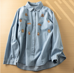 Women's Single-Breasted <b>Top</b> Embroidered Washed Denim Long-Sleeved Shirt Fashion - Product Image 3