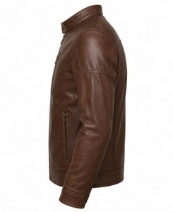 Blouson moto homme en cuir véritable noir, col montant, fermeture éclair, coupe ajustée, manches classiques, couleur unie, pour l'automne - Product Image 5
