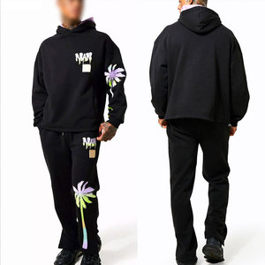 Survêtement noir à capuche pour homme avec imprimé palmier, coupe ample, en coton, style streetwear, sweat-shirt et pantalon décontractés - Product Image 1