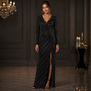 Vestido de Noche Negro de Lentejuelas para Mujer, Elegante, con Cuello en V |   Vestido Largo de Manga Larga, Diseño Premium, para Fiestas, Bodas y Recepciones - Product Image 2