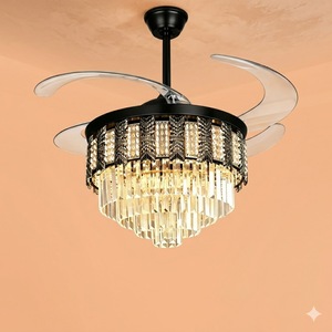 Modern Retractable Blade <b>LED</b> <b>Ceiling</b> Fan <b>Crystal</b> Chandelier Remote Control Luxury Invisible Silent Motor Gold <b>Lighting</b> Fixt - Product Image 4