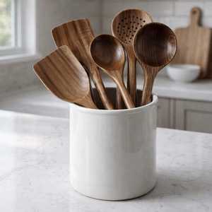 Ensemble d'ustensiles de cuisine en bois de teck |   Ensemble de cuillères et spatules en bois naturel |   Ustensiles de cuisine faits à la main résistants à la chaleur - Product Image 2
