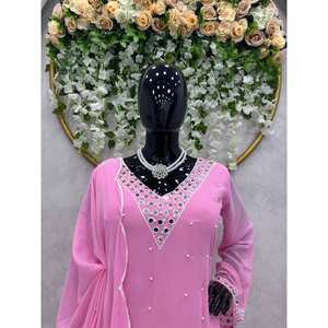 Real <b>Mirror</b> and Moti Work Party Wear Suit Set with Thread <b>XL</b> Size - Product Image 1