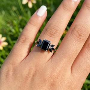 Bague en argent 925 avec diamant naturel noir taille émeraude qualité AAA, sertie de griffes, motif floral, pour mariée, unisexe, fiançailles, mariage, fête, cadeau - Product Image 4