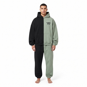 Custom Men's Heavyweight Cotton Fleece Tracksuit Contrast Block Two Tone Hoodie And <b>Jogger</b> Relaxed Fit Drop Shoulders Hoodie - Product Image 1