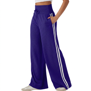 Pantalones de chándal acanalados de pierna ancha con cintura alta, cordón y rayas laterales, para mujer, informales, de largo completo, color liso, transpirables - Product Image 2