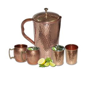 Ensemble de carafes en cuivre Premium Wellness Kitchen avec verres, export en gros, fabricant Inde - Product Image 1