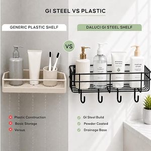 Double Tier Metal Wall Mounted Storage Basket With <b>Hooks</b> Self <b>Adhesive</b> Bathroom Organizer Minimalist Design - Product Image 4