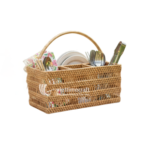 Vintage Rectangle Rattan Cutlery Holder Divided Picnic Basket Set Sustainable Multifunctional <b>Tabletop</b> Organizer for Outdoor - Product Image 2