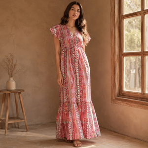 Premium Bohemian Maxi <b>Dress</b> for Women with Floral Ethnic Print Flutter Sleeves V Neck and Flowy Tiered Hem Summer Vacation Wear - Product Image 2