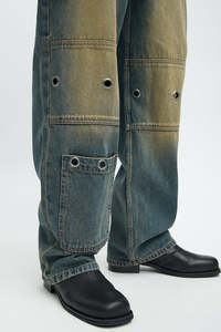 Men’s Wide-Leg Distressed Denim Jeans Faded Blue to Yellow Gradient Wash with Metal Patch Pocket Streetwear Style - Product Image 3