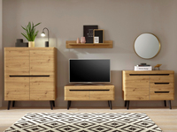 Buffet scandinave moderne de luxe en bois massif, 3 tiroirs, 1 porte Shaker, pieds effilés, meuble de salon