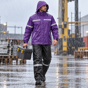 Custom <b>Purple</b> Weather Guard Waterproof Rain <b>Suit</b> Hooded Jacket Pants Reflective Outdoor Workwear Weather Protection Supplier - Product Image 6
