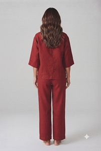 Ensemble deux pièces en coton extensible uni respirant, haut à col rond long et pantalon évasé, coupe ample avec poches, pour un usage quotidien décontracté - Product Image 3